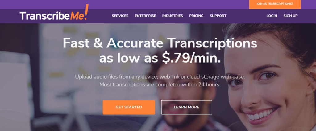 Screenshot of TranscribeMe homepage