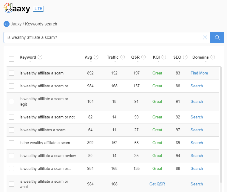 Screenshot of keyword search in Jaxxy