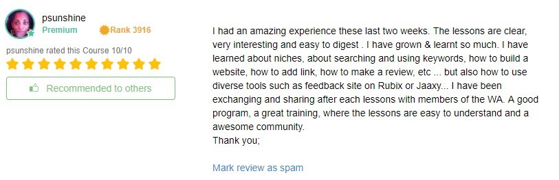 Screen shot a review for wealthy affiliate