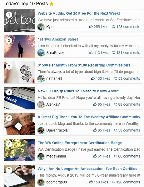 Screenshot of top ten blog posts on wealthy affiliate